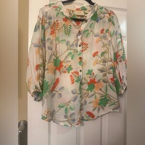 Anthropologie Maeve Cream Button-Front Blouse with Multicolor Floral Print